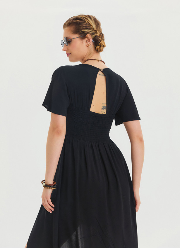 Black Women's Jumpsuit with Flounce Sleeves and Shorts Detail 4490